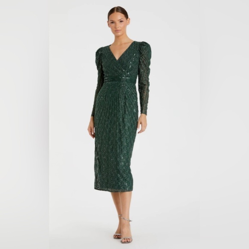 NWT | Mac Duggal 93676 Deep Green Beaded Lace Long Sleeve Midi Dress Size 6